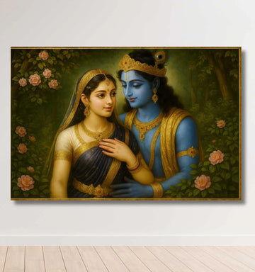Kunj Cart – Romantic Radha Krishna Painting | Beautiful Radha Krishna Wall Painting with Rose Garden Theme in HD Canvas