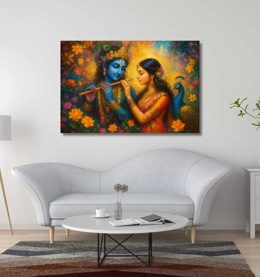 Kunj Cart – Radha Krishna Painting | Beautiful Romantic Radha Krishna Painting with Flute, Flowers & Peacock | Modern Art for Home Decor