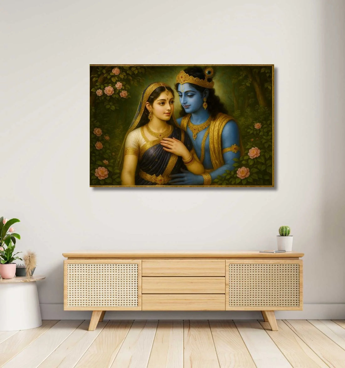 Kunj Cart – Romantic Radha Krishna Painting | Beautiful Radha Krishna Wall Painting with Rose Garden Theme in HD Canvas