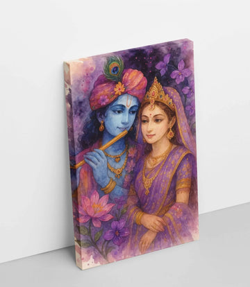 Romantic Radha Krishna Painting on Canvas in Purple Floral Theme | Radha Krishna Abstract Painting for Living Room Vastu | KunjCart Wall Art for Home Décor