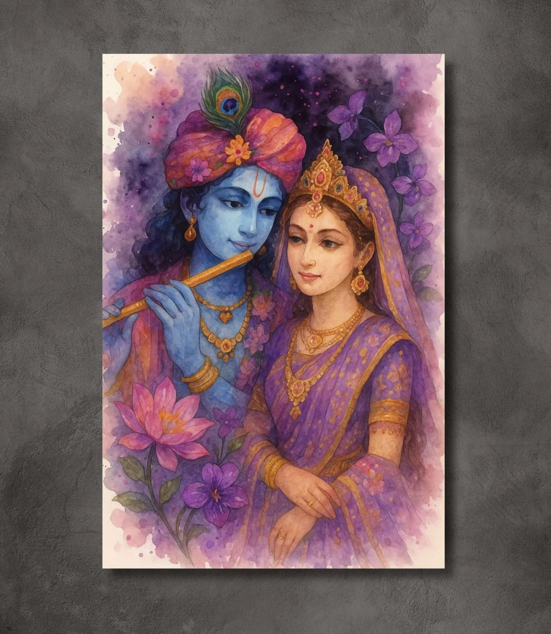 Romantic Radha Krishna Painting on Canvas in Purple Floral Theme | Radha Krishna Abstract Painting for Living Room Vastu | KunjCart Wall Art for Home Décor