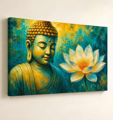 Kunj Cart – Buddha Painting with Lotus Flower | Big Size Buddha Wall Painting for Living Room | Peaceful Golden & Teal Canvas Art | Framed & Unframed Options | Premium Quality Home Decor