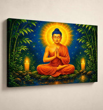 Kunj Cart Buddha Painting For Wall | Orange Robe Gautam Buddha Wall Painting with Candlelight & Bamboo Forest | HD Buddha Paintings for Living Room & Spiritual Home Décor