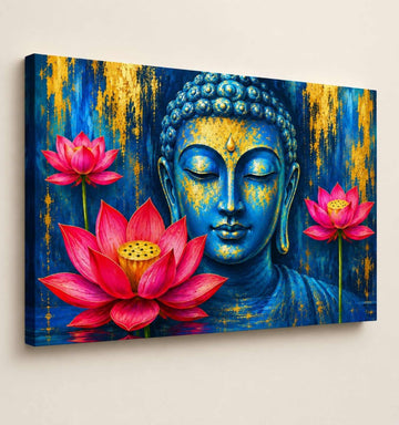 Kunj Cart – Blue & Gold Buddha Painting with Red Lotus – Big Size Buddha Wall Painting for Living Room | HD Canvas Spiritual Art | Framed & Unframed Options