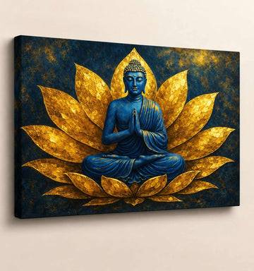 Kunj Cart Golden & Blue Buddha Paintings for Living Room | Big Size Buddha Wall Painting on Lotus Theme | Premium HD Canvas Spiritual Art – Framed & Unframed