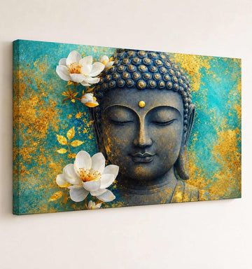 Buddha Paintings for Living Room | Golden & Blue Buddha Painting Big Size with Lotus | HD Canvas Spiritual Buddha Wall Painting for Home & Office Décor