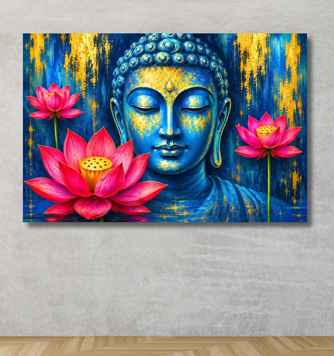 Kunj Cart – Blue & Gold Buddha Painting with Red Lotus – Big Size Buddha Wall Painting for Living Room | HD Canvas Spiritual Art | Framed & Unframed Options
