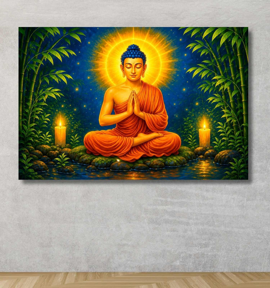 Kunj Cart Buddha Painting For Wall | Orange Robe Gautam Buddha Wall Painting with Candlelight & Bamboo Forest | HD Buddha Paintings for Living Room & Spiritual Home Décor