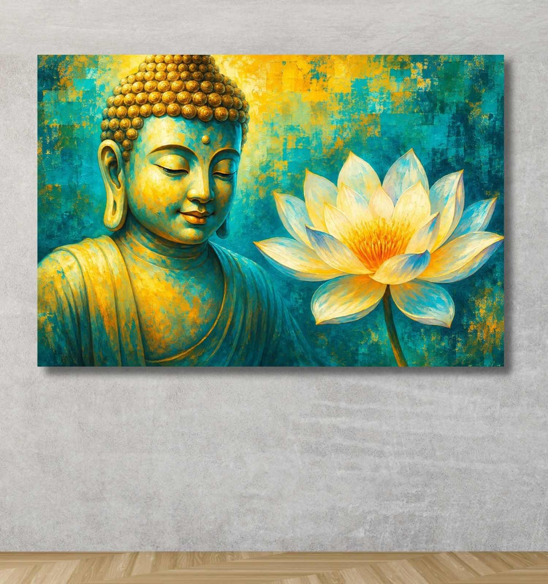 Kunj Cart – Buddha Painting with Lotus Flower | Big Size Buddha Wall Painting for Living Room | Peaceful Golden & Teal Canvas Art | Framed & Unframed Options | Premium Quality Home Decor