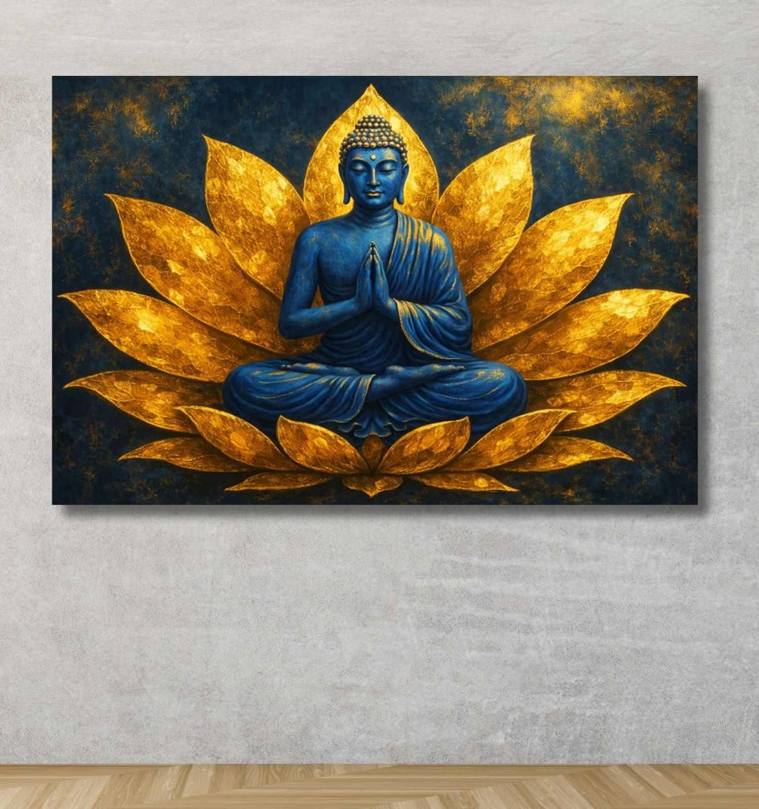 Kunj Cart Golden & Blue Buddha Paintings for Living Room | Big Size Buddha Wall Painting on Lotus Theme | Premium HD Canvas Spiritual Art – Framed & Unframed