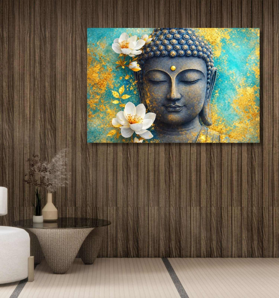 Buddha Paintings for Living Room | Golden & Blue Buddha Painting Big Size with Lotus | HD Canvas Spiritual Buddha Wall Painting for Home & Office Décor
