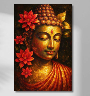 Modern Buddha Painting in Fiery Red & Gold Hues | Spiritual Gautam Buddha Canvas Wall Art with Lotus Flowers | Premium Buddha Paintings for Living Room