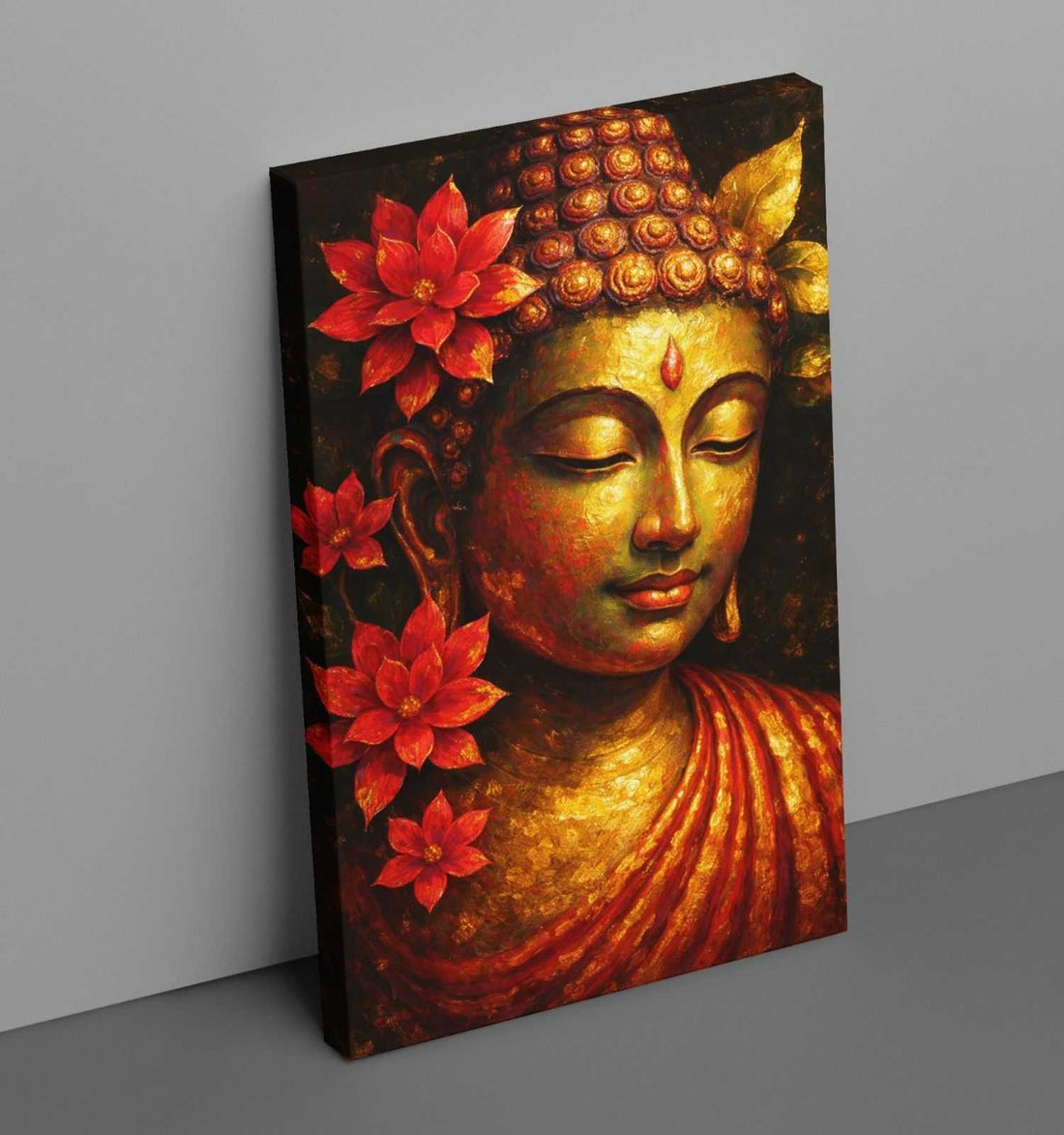 Modern Buddha Painting in Fiery Red & Gold Hues | Spiritual Gautam Buddha Canvas Wall Art with Lotus Flowers | Premium Buddha Paintings for Living Room