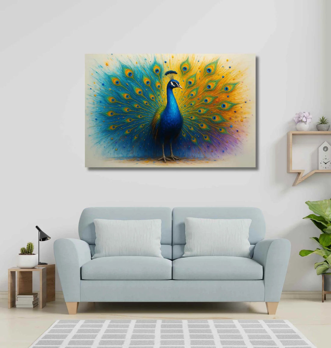 Dancing Peacock Painting on Canvas | Vastu Peacock Artwork with HD Shining Colors | Elegant Wall Decor for Home & Office