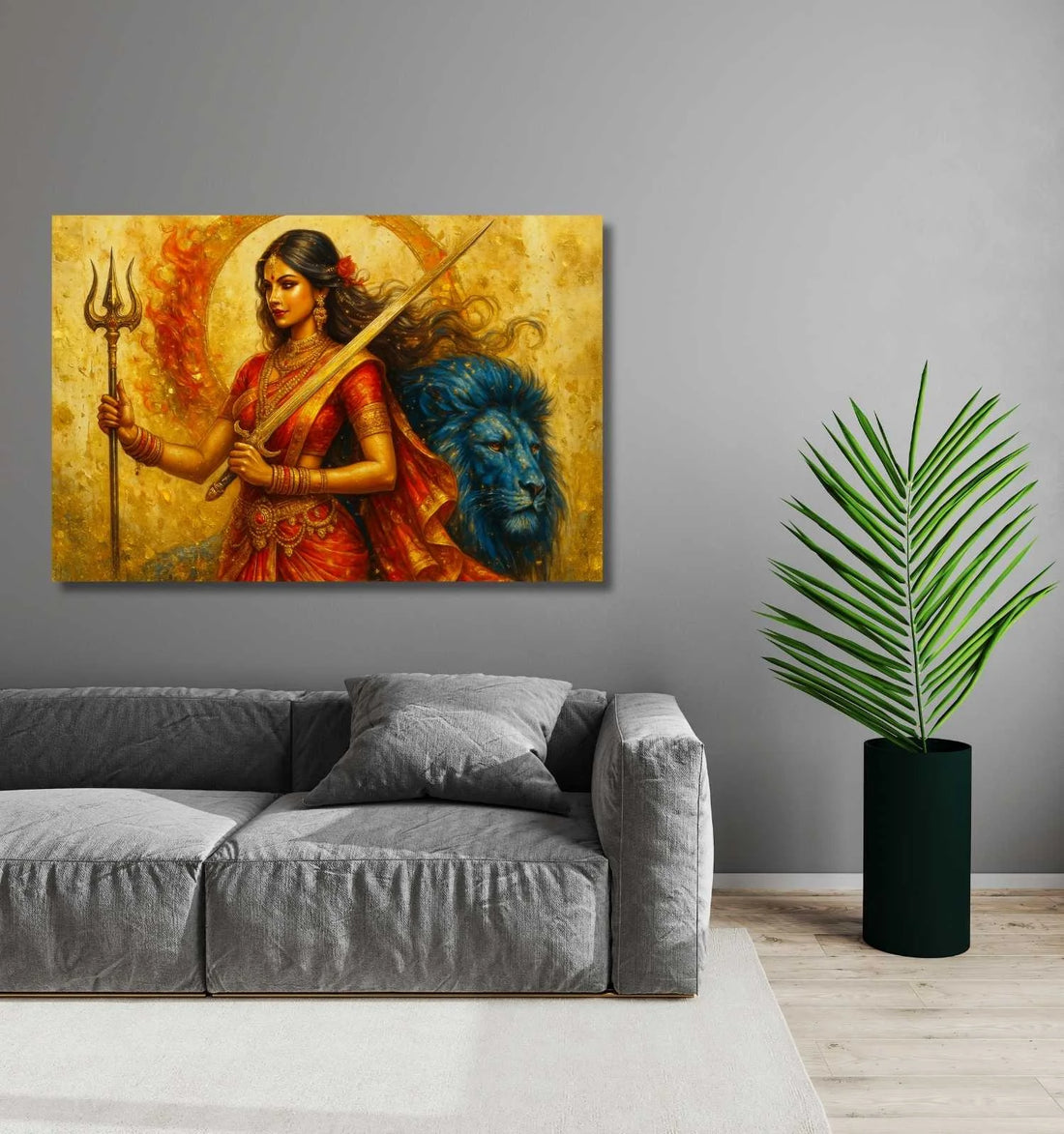 Durga Abstract Painting | Red Saree Durga Maa Painting with Sword, Trishul & Blue Lion
