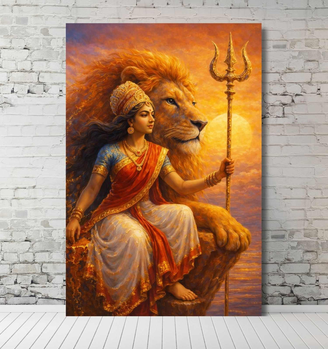 Durga Maa Painting | Abstract Maa Durga Painting on Canvas with Lion & Trishul in Fiery Sunset Colors, HD Print, Divine Wall Art for Spiritual Home & Office Décor