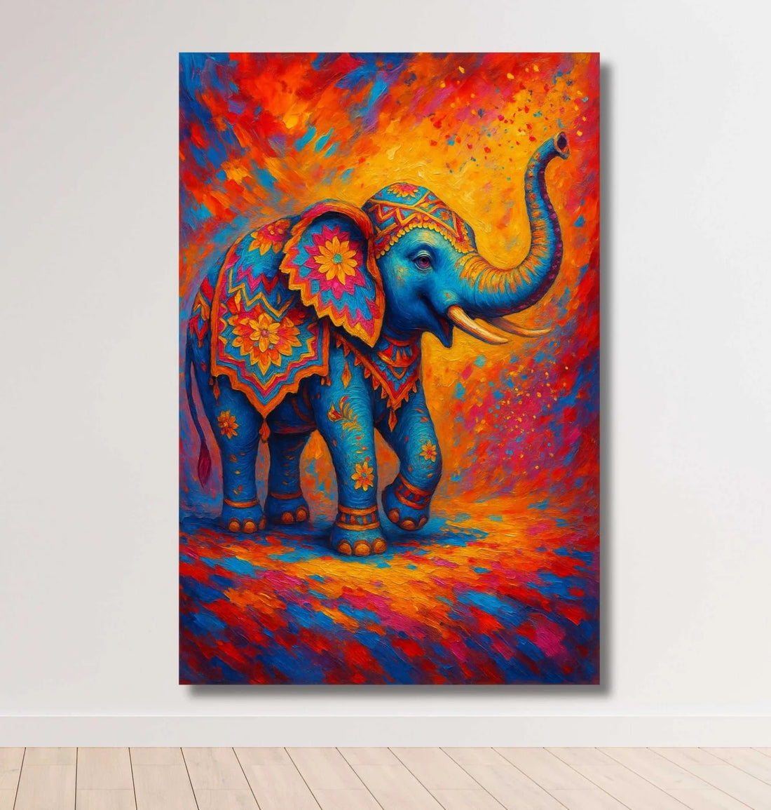 Kunj Cart – Vibrant Colorful Elephant Painting For Wall Vastu | Royal Blue & Orange Artistic Decor