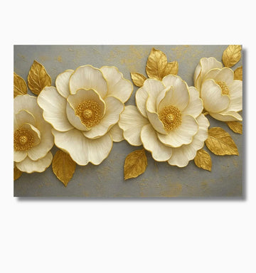 Golden Flower Canvas Painting for Living Room | 3D Floral Art Wall Décor | Luxury Flower Painting for Wall Decoration