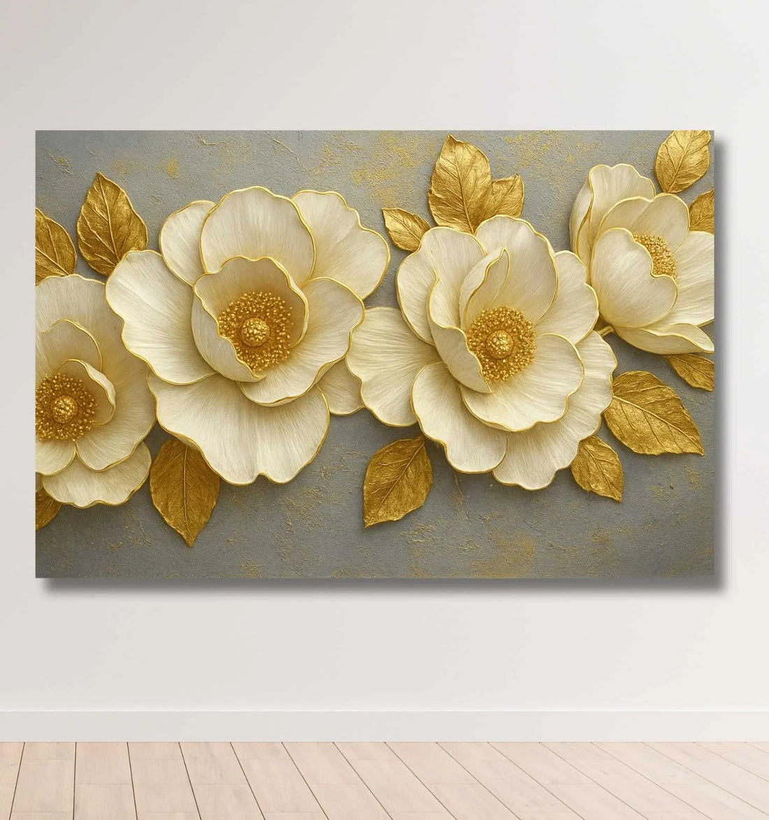 Golden Flower Canvas Painting for Living Room | 3D Floral Art Wall Décor | Luxury Flower Painting for Wall Decoration