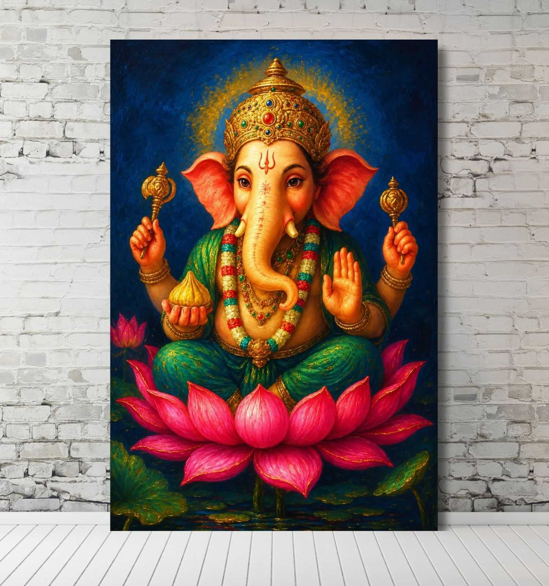 Ganesha Canvas Painting for Wall Decoration | Abstract Lord Ganesha Sitting on Lotus with Modak | Ganpati Canvas Painting for Home Decor
