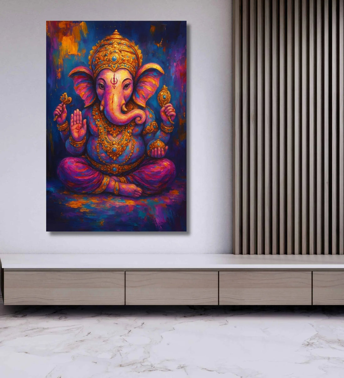 Buy Ganpati Canvas Painting from KunjCart with Lord Ganesha in vibrant purple, gold, and orange. HD waterproof print, framed/unframed, custom sizes