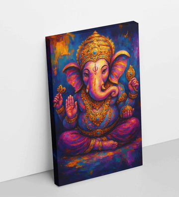Buy Ganpati Canvas Painting from KunjCart with Lord Ganesha in vibrant purple, gold, and orange. HD waterproof print, framed/unframed, custom sizes