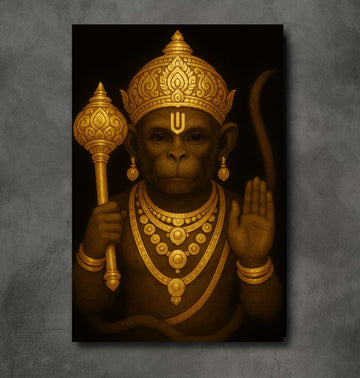 Lord Hanuman Painting in Gold Foil Look | Hanuman Canvas Painting with Blessing Hand & Gada | HD Hanuman Painting for Wall