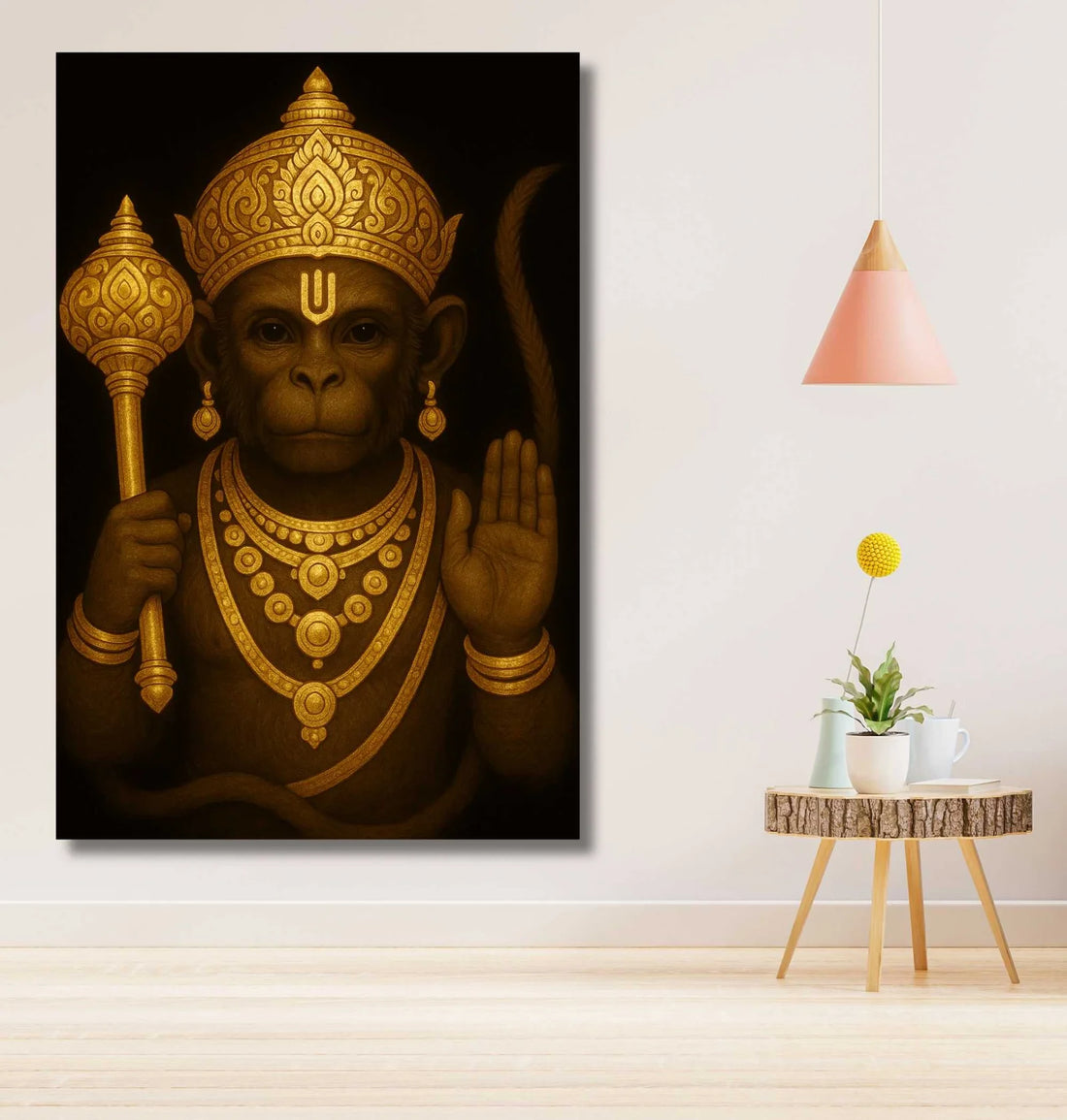 Lord Hanuman Painting in Gold Foil Look | Hanuman Canvas Painting with Blessing Hand & Gada | HD Hanuman Painting for Wall
