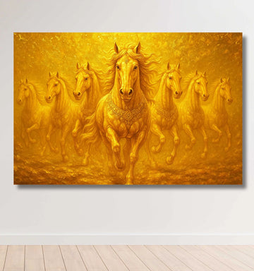 Golden 7 Horses Painting Vastu – Royal 7 Running Horse Canvas Painting for Home & Office Wall Décor | Shining Gold HD Artwork