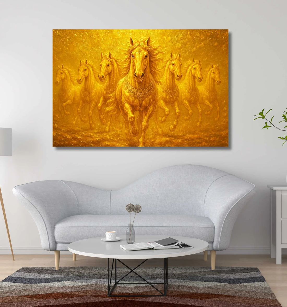 Golden 7 Horses Painting Vastu – Royal 7 Running Horse Canvas Painting for Home & Office Wall Décor | Shining Gold HD Artwork