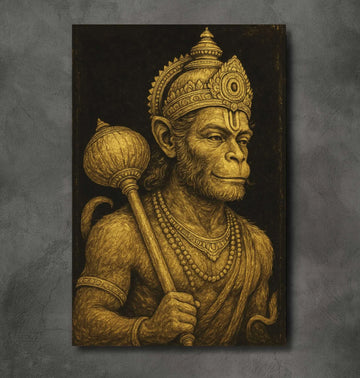 Hanuman Painting For Wall in Golden Sketch Art – Powerful Lord Hanuman Canvas Painting with Gada on Black Background | Hanuman Oil Painting