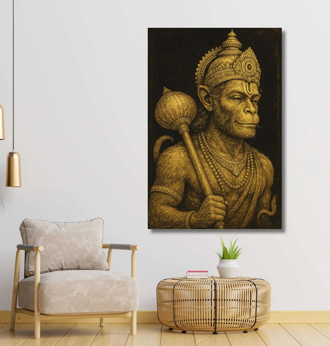 Hanuman Painting For Wall in Golden Sketch Art – Powerful Lord Hanuman Canvas Painting with Gada on Black Background | Hanuman Oil Painting