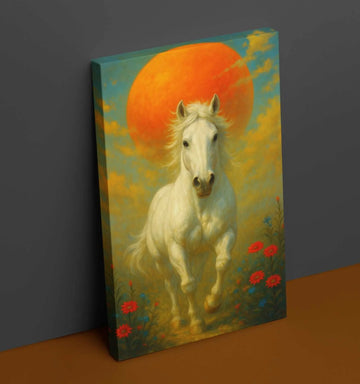 White Horse Painting with Bright Sunset | Elegant Single Horse Canvas Wall Art for Home & Office Decor