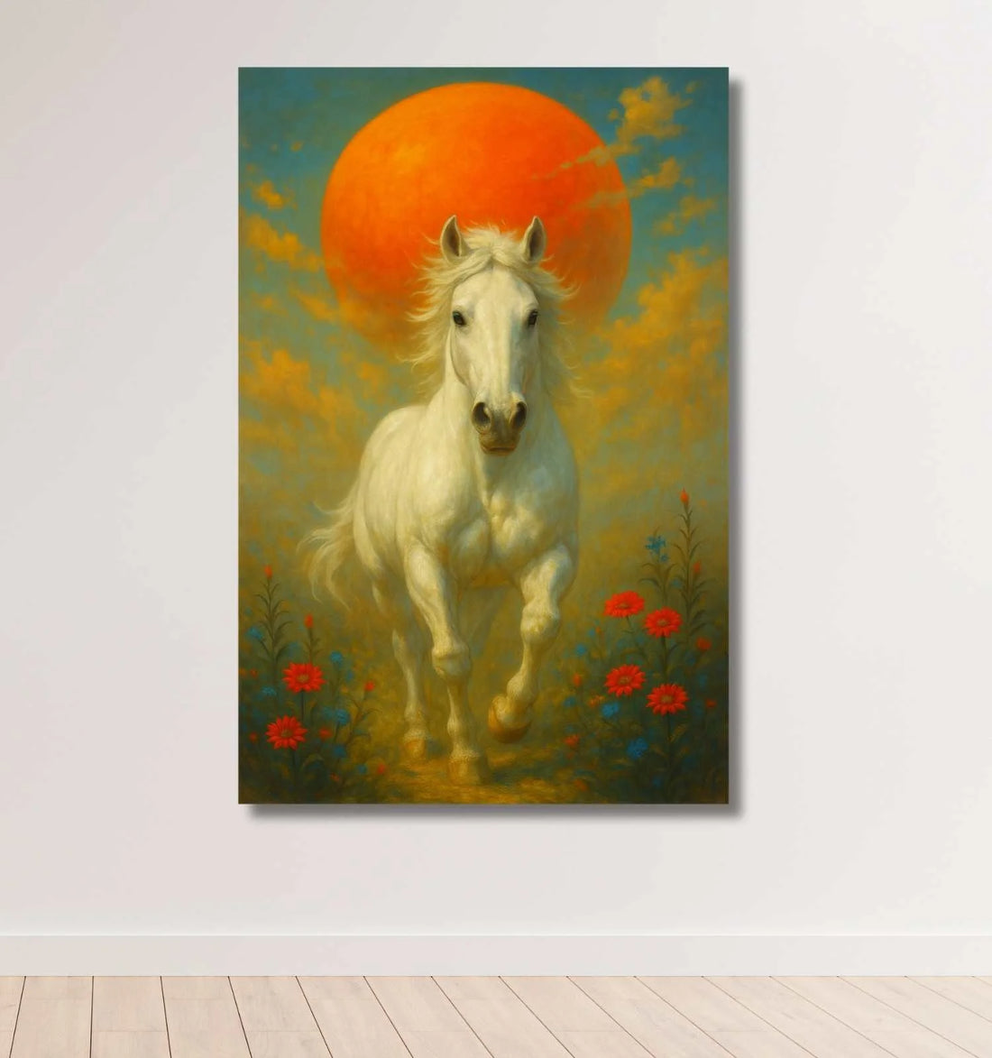White Horse Painting with Bright Sunset | Elegant Single Horse Canvas Wall Art for Home & Office Decor