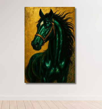 Royal Dark Green Horse Painting for Wall | Single Horses Canvas Painting in Golden Background | Premium Horse Wall Art for Home Decor