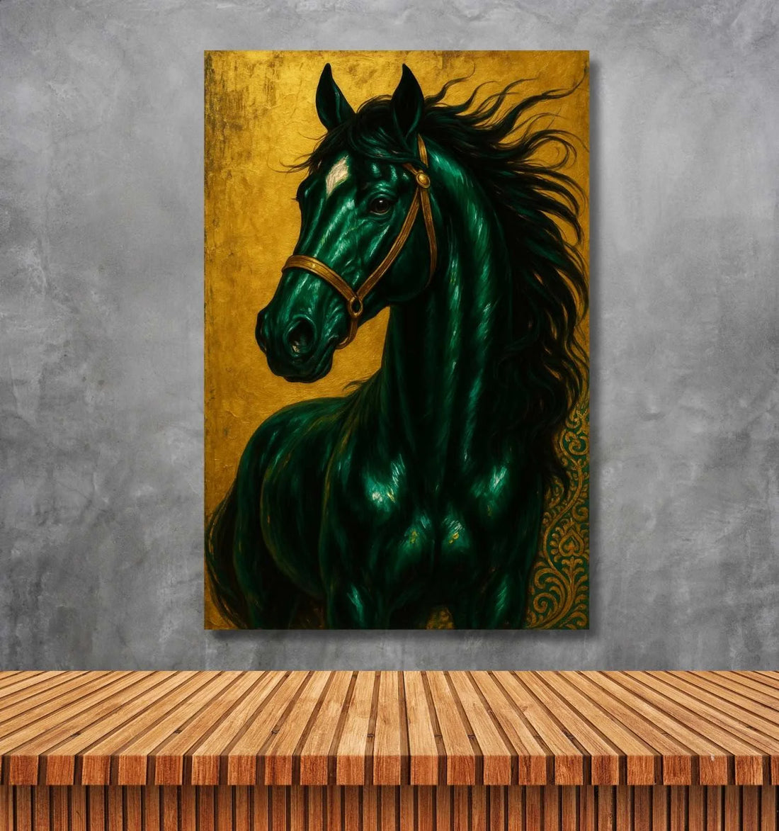 Royal Dark Green Horse Painting for Wall | Single Horses Canvas Painting in Golden Background | Premium Horse Wall Art for Home Decor