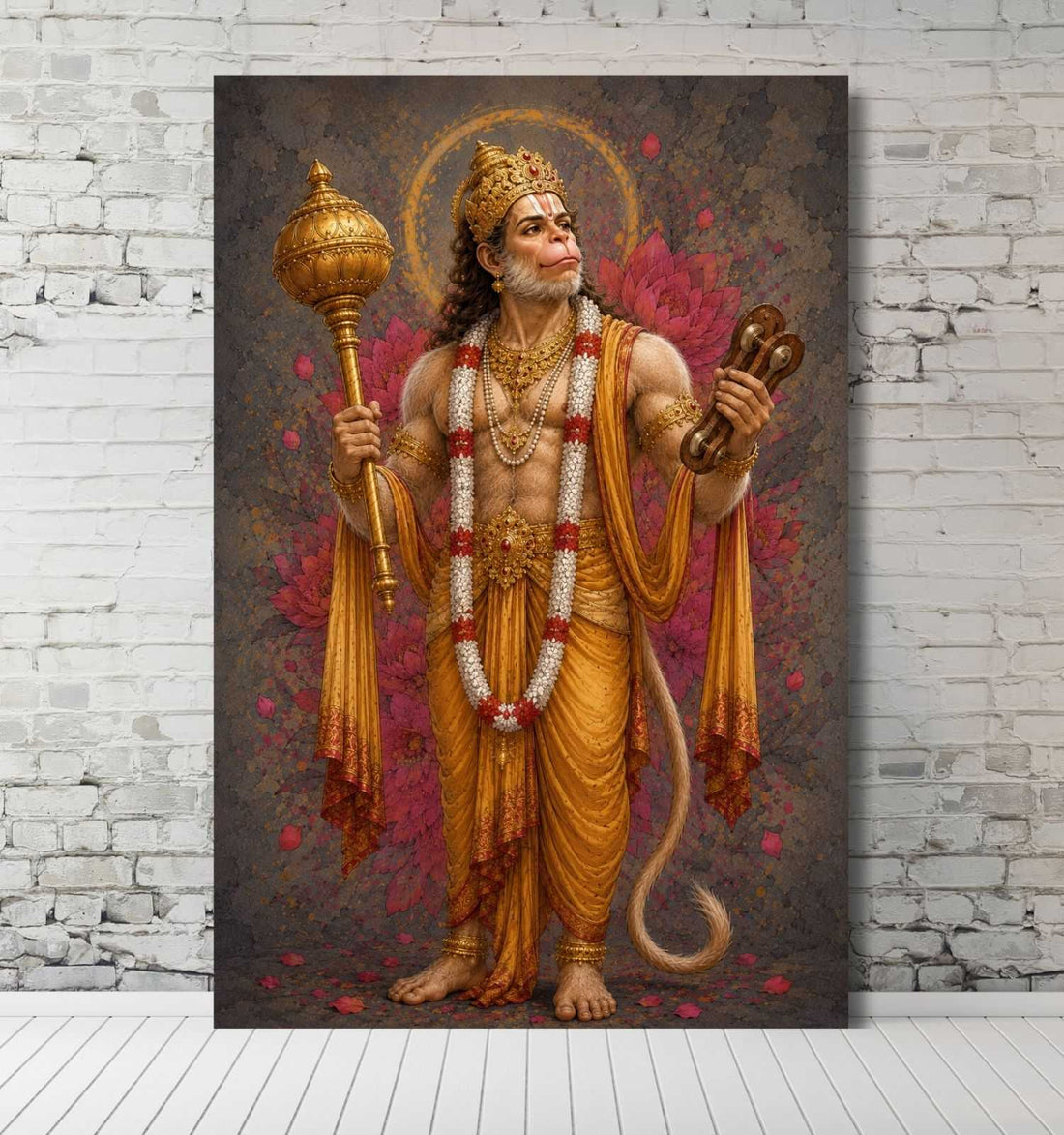 Hanuman Painting For Wall in Divine Meditation Pose | Lord Hanuman Canvas Art with Gada, Red Dhoti & Om Symbol | Hanuman Oil Painting with Bright HD Colors