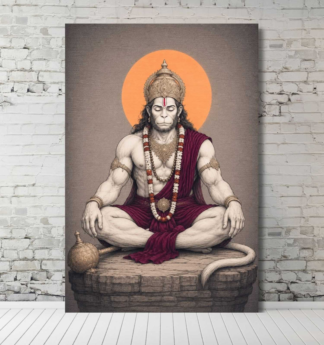 Hanuman Painting For Wall | Lord Hanuman Canvas Art in Meditation with “राम” Script | Red Toned Hanuman Oil Painting for Spiritual Home Decor by KunjCart