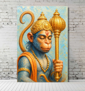 Hanuman Canvas Painting | Divine Blue Baby Lord Hanuman with Golden Crown and Gada | Hanuman Painting for Wall