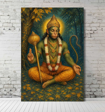 Hanuman Canvas Painting | Peaceful Lord Hanuman Painting in Meditation Pose with Oil Texture | Divine Spiritual Wall Art