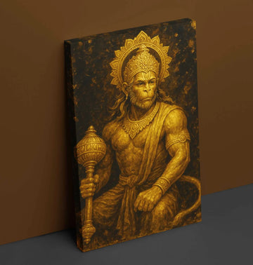Hanuman Painting For Wall | Lord Hanuman Canvas Painting Holding Gada in Powerful Golden Form | Royal HD Hanuman Oil Painting For Home Decor by KunjCart