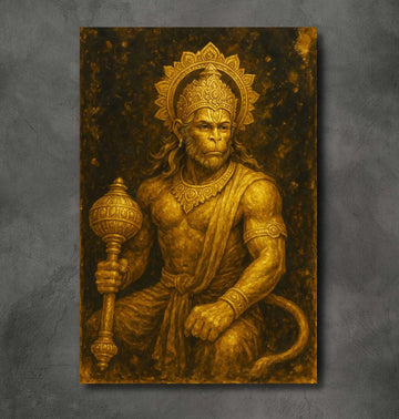 Hanuman Painting For Wall | Lord Hanuman Canvas Painting Holding Gada in Powerful Golden Form | Royal HD Hanuman Oil Painting For Home Decor by KunjCart
