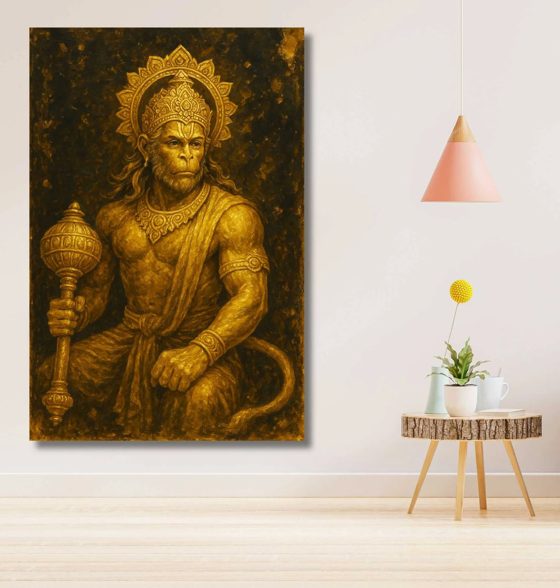 Hanuman Painting For Wall | Lord Hanuman Canvas Painting Holding Gada in Powerful Golden Form | Royal HD Hanuman Oil Painting For Home Decor by KunjCart