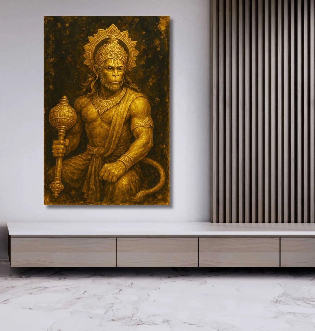 Hanuman Painting For Wall | Lord Hanuman Canvas Painting Holding Gada in Powerful Golden Form | Royal HD Hanuman Oil Painting For Home Decor by KunjCart