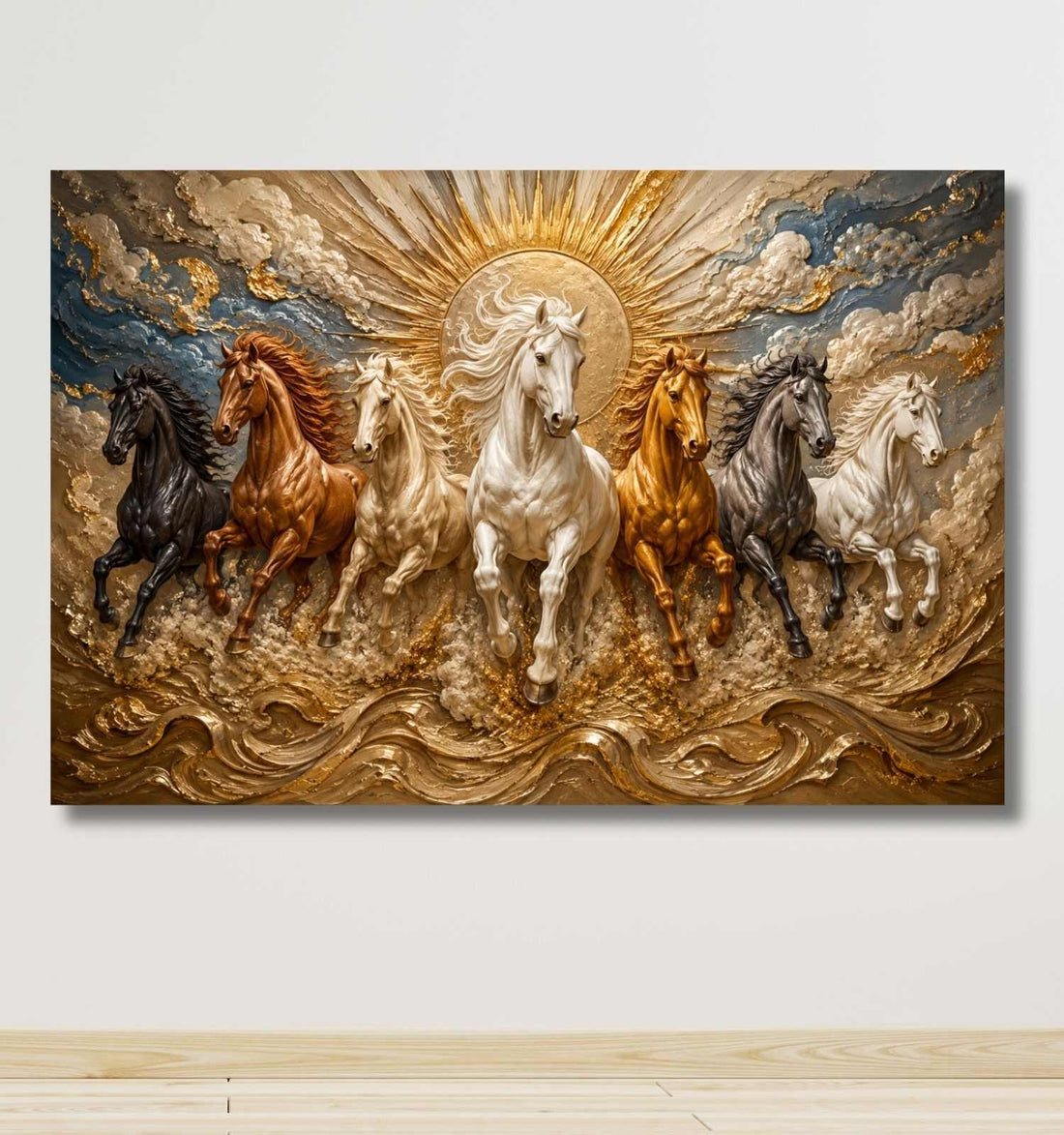 Horse Painting | 7 Horses Painting With Frame For Vastu, Gold Wall Decor Living Room | KunjCart