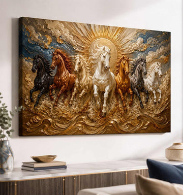 Horse Painting | 7 Horses Painting With Frame For Vastu, Gold Wall Decor Living Room | KunjCart