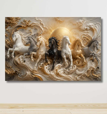 Horse Painting | 7 Horses Painting With Frame For Vastu, Golden Sun Wall Decor For Living Room | KunjCart