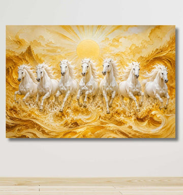 Horse Painting For Wall Decoration | 7 Horse Painting With Frame For Vastu, Golden Waves | KunjCart