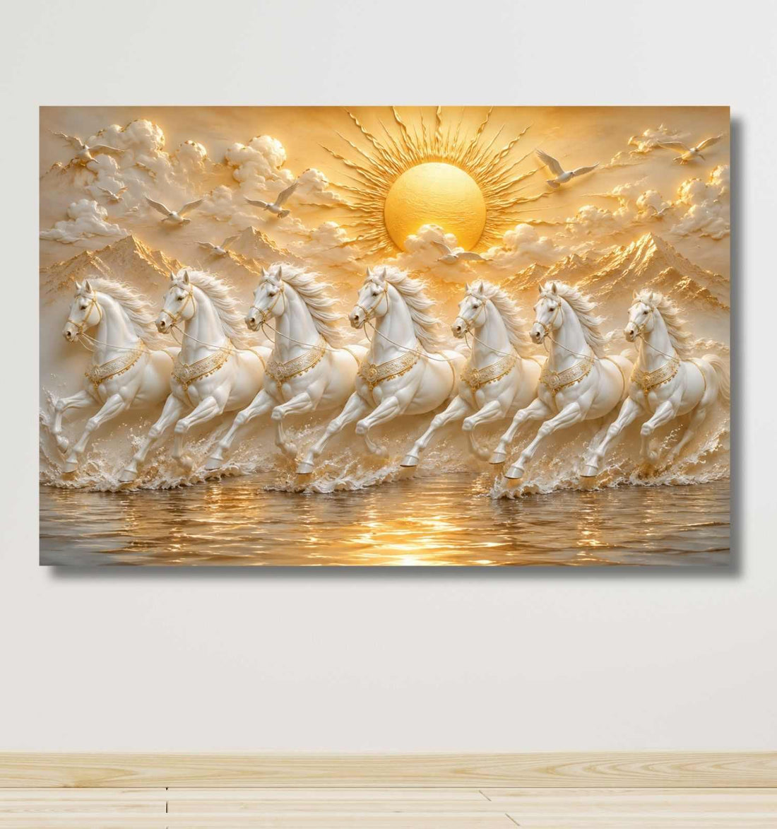 Horse Painting For Wall Decoration | 7 Horses Painting With Frame For Vastu, Golden Sunrise | KunjCart