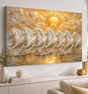 Horse Painting For Wall Decoration | 7 Horses Painting With Frame For Vastu, Golden Sunrise | KunjCart